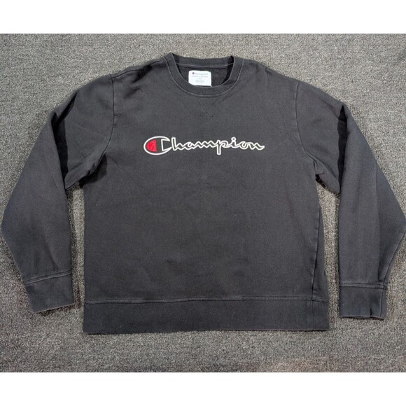Champion Men's Large Reverse Weave Heavyweight Crew Neck Black Sweatshirt Logo - Picture 2 of 7